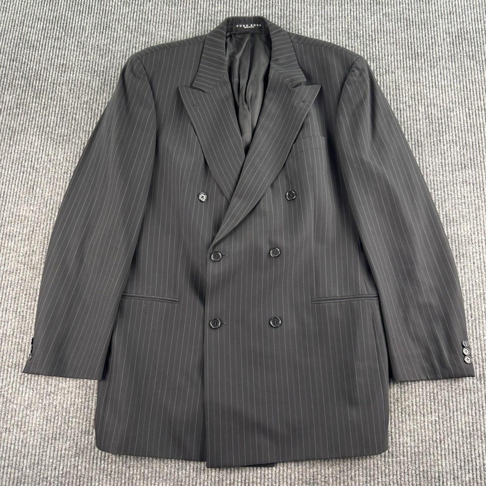 Vintage Hugo Boss Suit Jacket 44L Black Wool Striped Luxury Double Breasted USA
